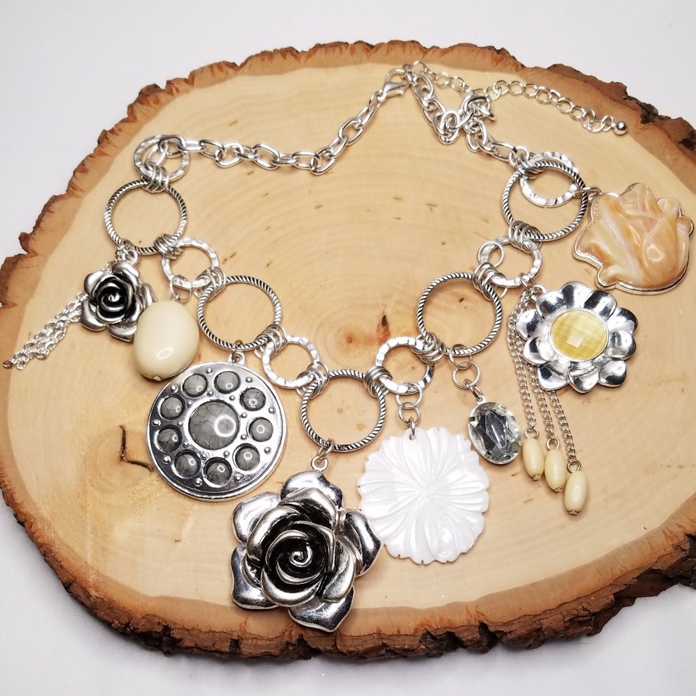 Statement Silver Shell Rose Flower Charm Necklace - image 1